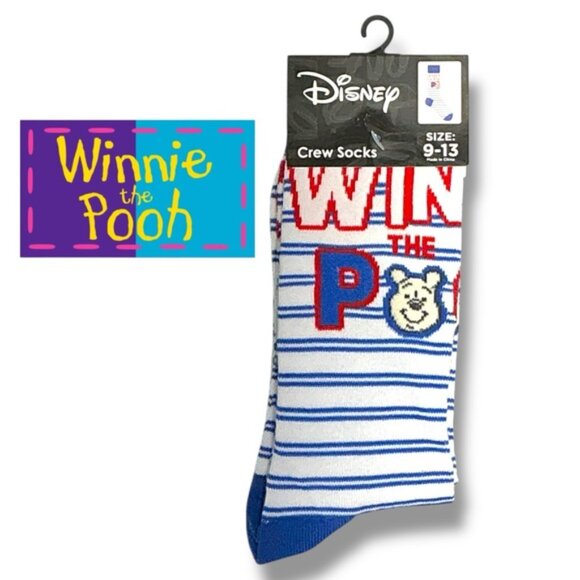 Winnie Pooh Crew Socks Disney Novelty Stripe Blue White Adult Unisex Mens 9-13 - Picture 15 of 15